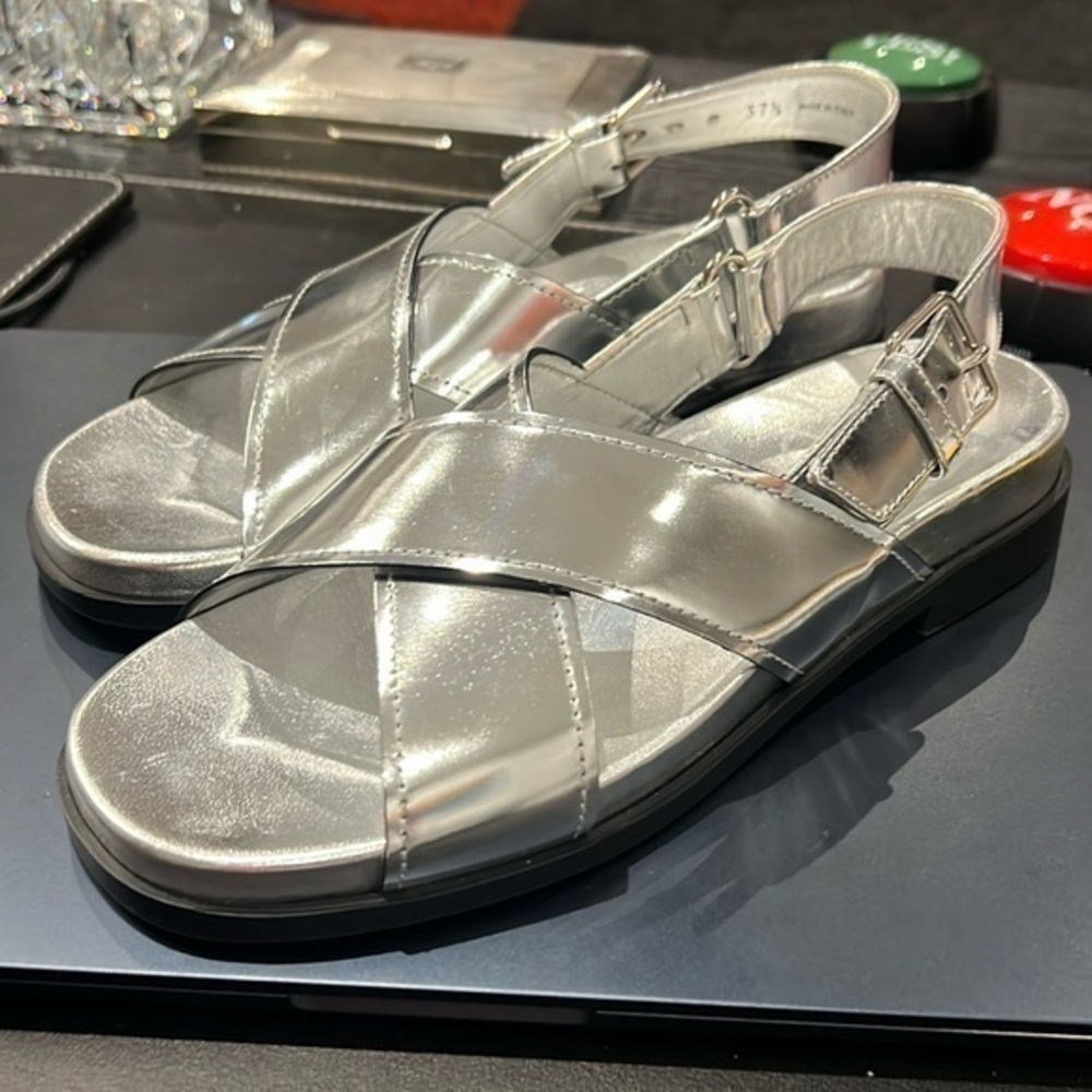 Prada - preloved metallic finished crossover sandal. size 37.5 EU reduced today